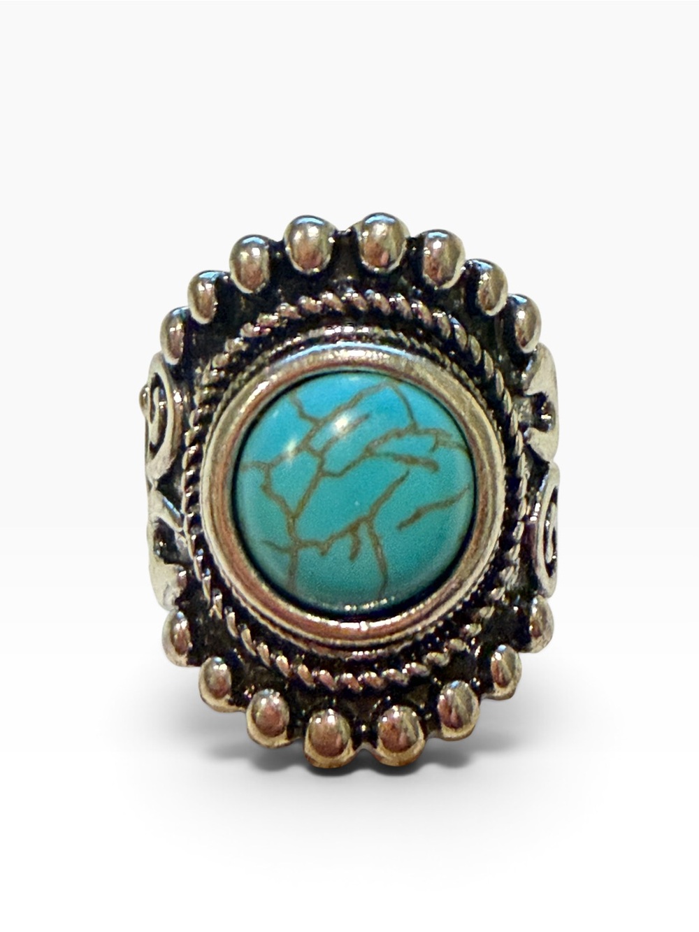Turquoise Color Stretch Ring Silver Tone Western Boho Southwestern Statement 9 - Picture 4 of 12
